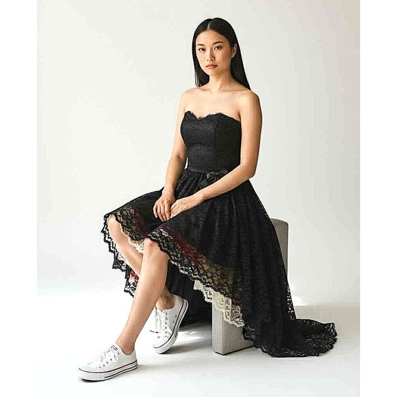 Vintage 1980s Midnight Glow Strapless Black Lace Full Skirt Party Dress Size 12 - Picture 2 of 6